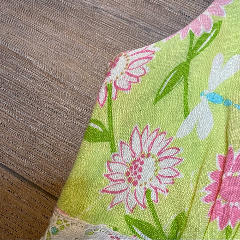 LILLY PULITZER vintage white tag green and pink floral v-neck linen dress 6 - Picture 7 of 10